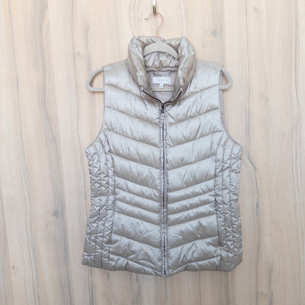 Talbots Womens Puffer Vest M Champagne Metallic Quilted Zip Up Classic Preppy